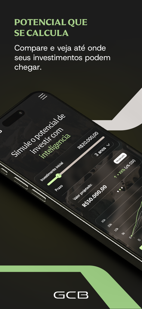 Investment simulator on the GCB Investimentos mobile app showing projected financial growth for fixed income assets