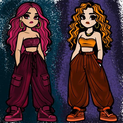 two girls in baggy pants crop top and hairstyle curly