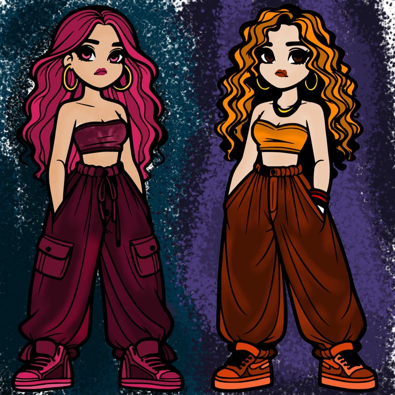 two girls in baggy pants crop top and hairstyle curly
