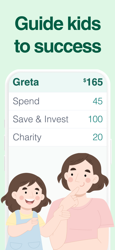 Piggy Bank Kids - Bomad - A mobile app screenshot showing a child's balance split into Spend, Save & Invest, and Charity categories under the headline Guide kids to success.