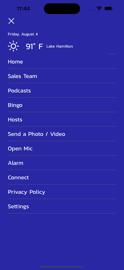 KOOL97FM Radio - Menu screen of the KOOL97FM Radio app displaying various navigation options like podcasts bingo and hosts on a blue background