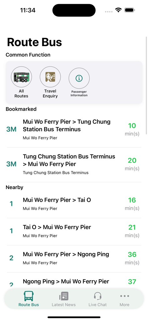 New Lantao Bus (NLB) - Interface of the New Lantao Bus app displaying bookmarked and nearby bus routes with estimated arrival times