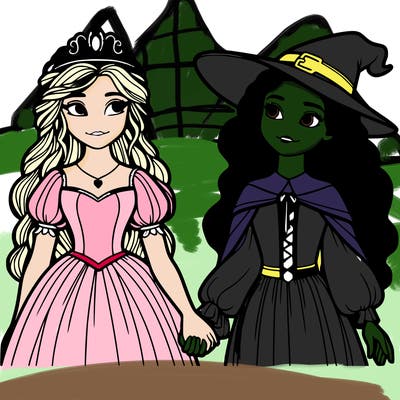 a princess and a witch holding hands realistic