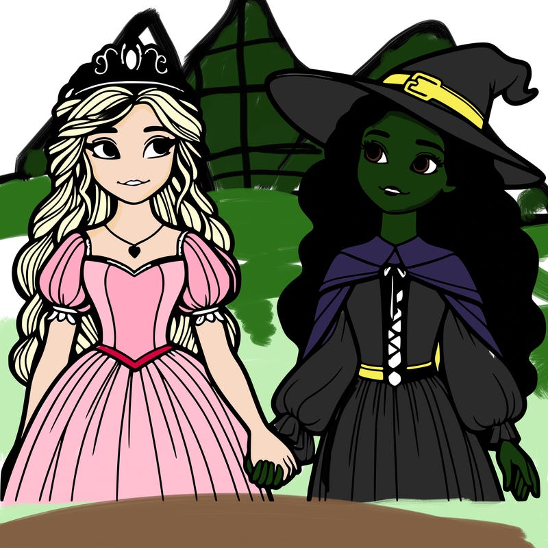 a princess and a witch holding hands realistic