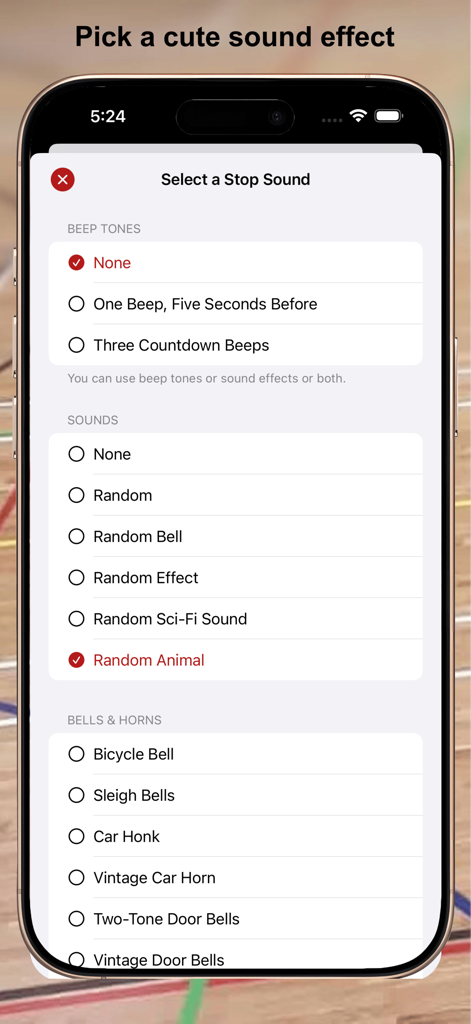 MC-Timer - MC-Timer app screen for choosing workout interval sound effects