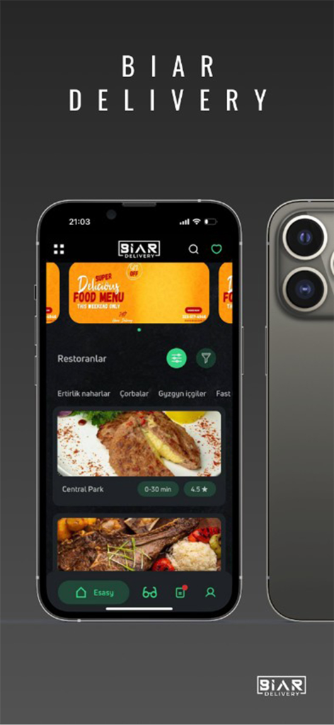 Biar Delivery - Biar Delivery mobile app interface showing restaurant listings and food menu options