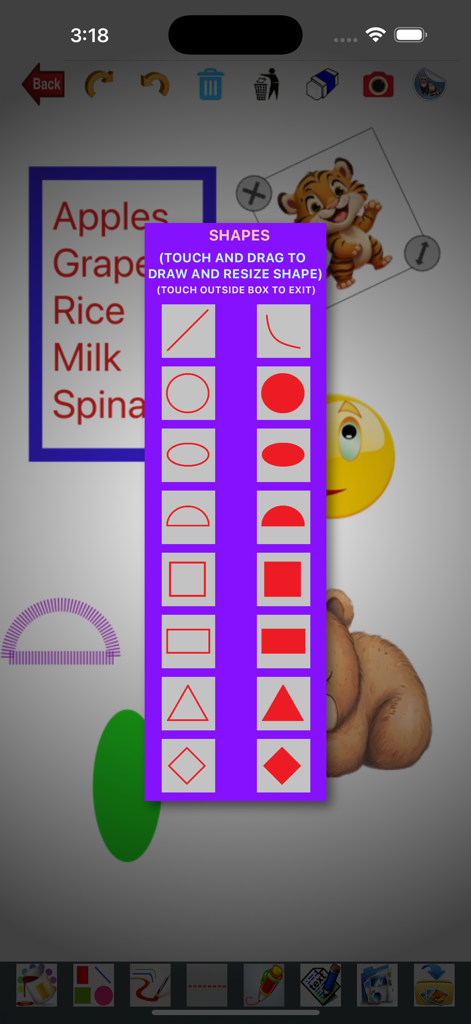 NotePad-Pro - NotePad-Pro app interface showing a menu for selecting various geometric shapes to draw on notes.