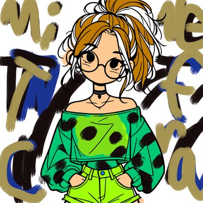 girl with a messy ponytail glasses a baggy crop top and jean shorts