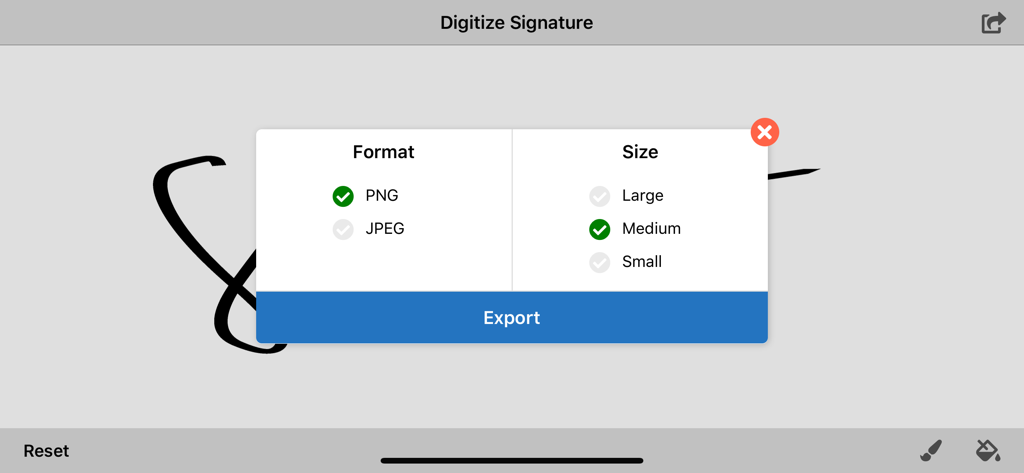 Interface of the Digitize Signature app showing options to export a signature as a PNG or JPEG file in different sizes