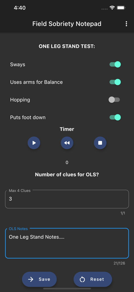 SFST Field Notepad - SFST Field Notepad app showing the One Leg Stand Test interface with clue toggles and timer.
