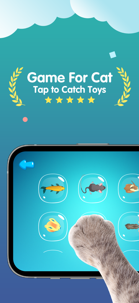 Games For Cats - Cat Toy - A cat paw interacting with digital toys on a smartphone screen in the Games For Cats app