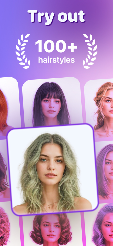 HairLab: Hair Cut Filter Color - Interfaz de la aplicación HairLab que muestra a una mujer con pelo verde entre una variedad de más de 100 filtros virtuales de peinados y colores