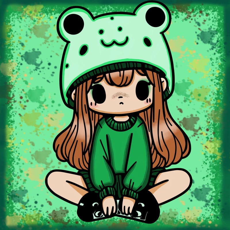 a girl wearing a frog hat and some frog socks