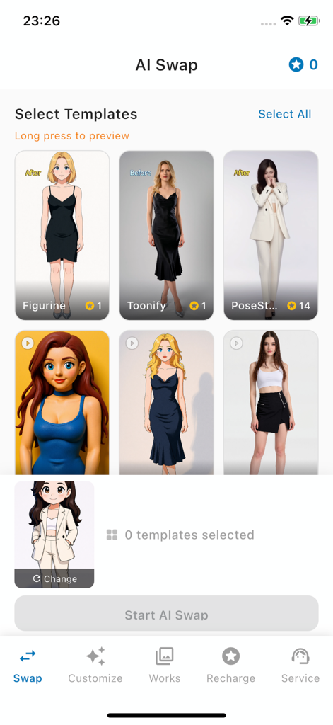 AImagica mobile app interface showing various AI style templates including Toonify and Figurine for image transformation.