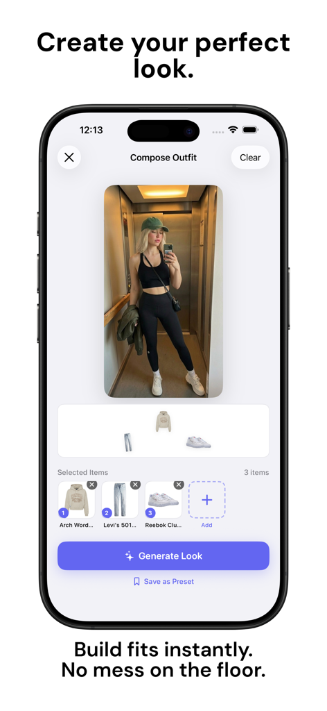 GhostFits - AI Wardrobe - Screenshot of the GhostFits app's Compose Outfit screen featuring a mirror selfie, selected clothing items like a hoodie and jeans, and a Generate Look button.