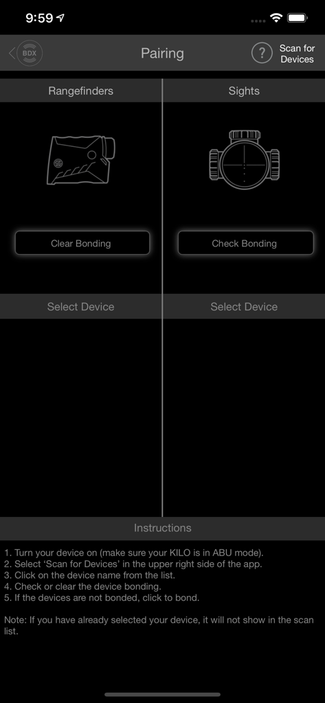 Pairing screen of the SIG BDX app showing options to connect rangefinders and sights