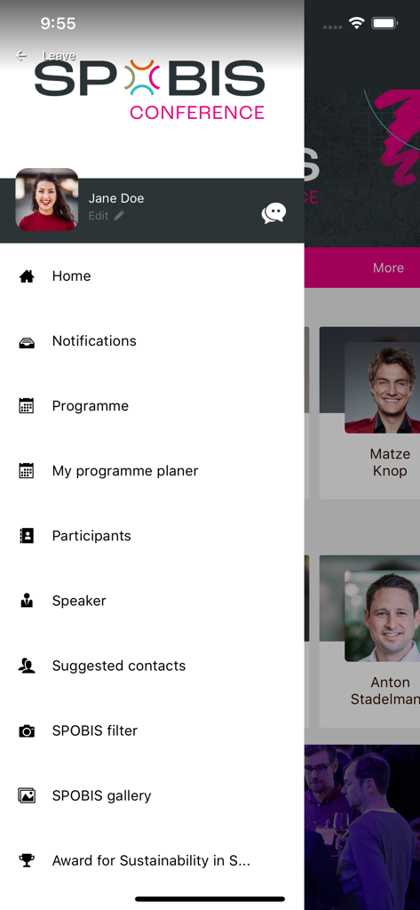 SPOBIS - SPOBIS app navigation menu showing networking and event features