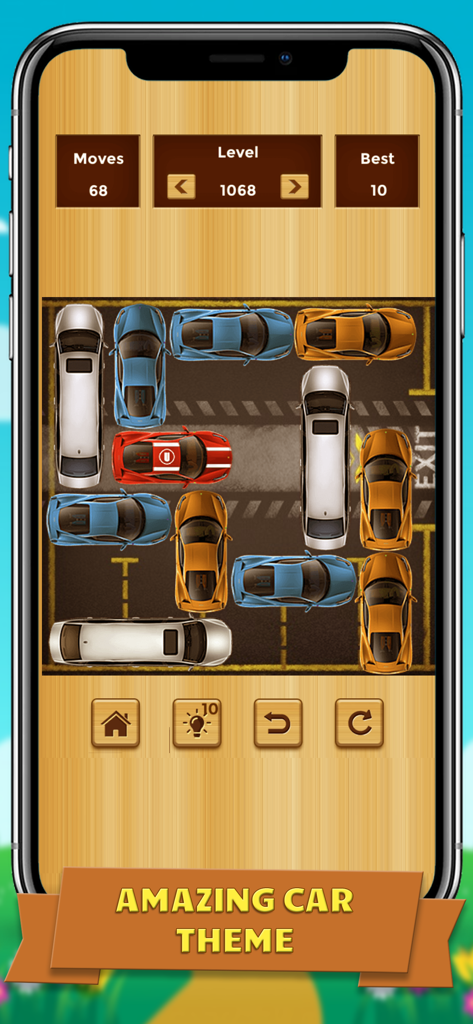 Unlock me unblock puzzle game screenshot showing the car theme level where players slide cars to let the red car exit