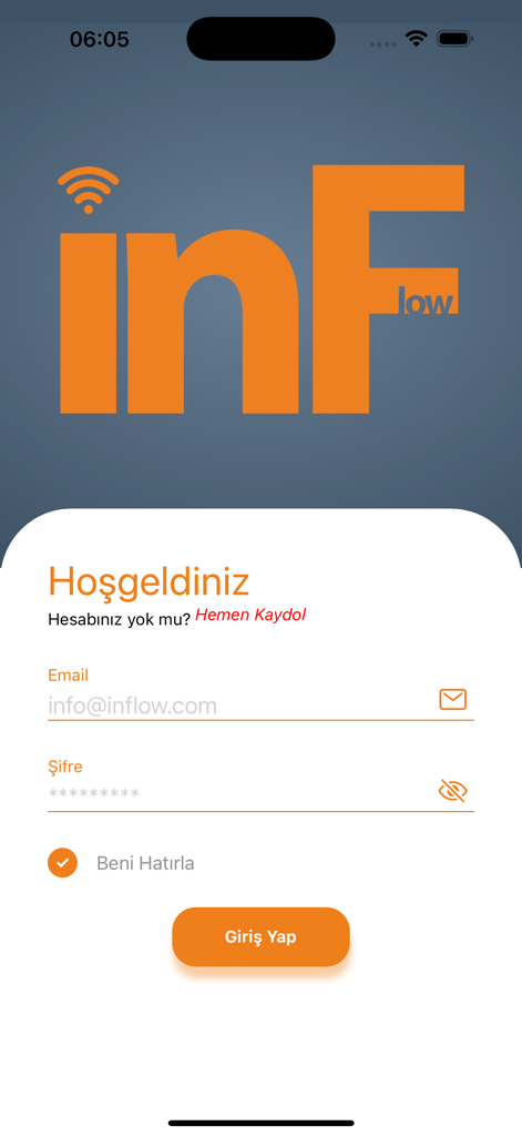 inFlow - Login screen of the inFlow app used for remote motor driver control in irrigation and industrial settings