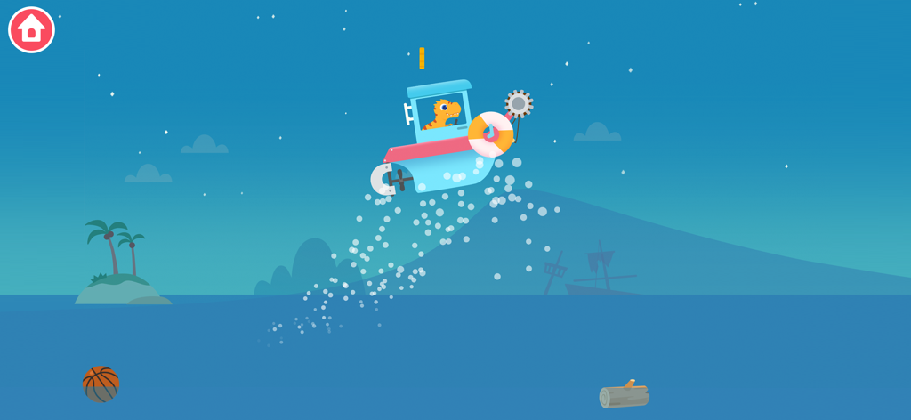 A small dinosaur pilot in a blue patrol boat jumping over the sea in a night setting