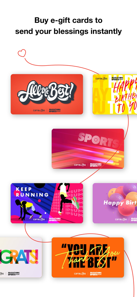 馬拉松 - A collection of colorful e-gift card designs from the Marathon Sports and Catalog mobile app.