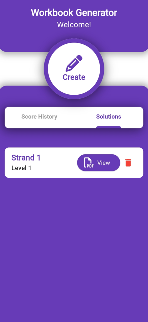 Workbook Generator - The home screen of the Workbook Generator app showing a create button and a saved math worksheet ready for PDF viewing
