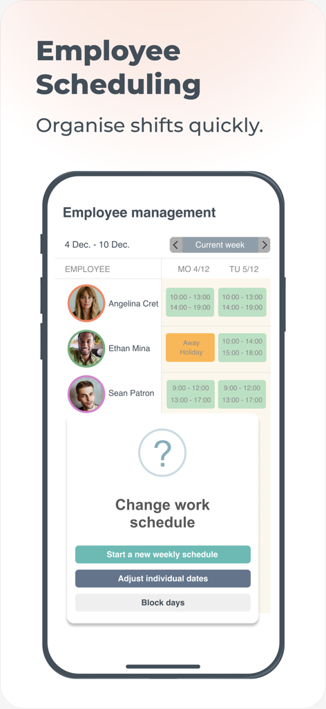 Salonkee PRO - Interfaccia dell'app mobile Salonkee PRO che mostra la gestione dei turni dei dipendenti e le opzioni di modifica dell'orario di lavoro.