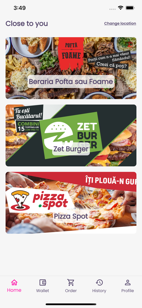 Zizam - Zizam app home screen showing nearby restaurants in Brasov including burger and pizza options