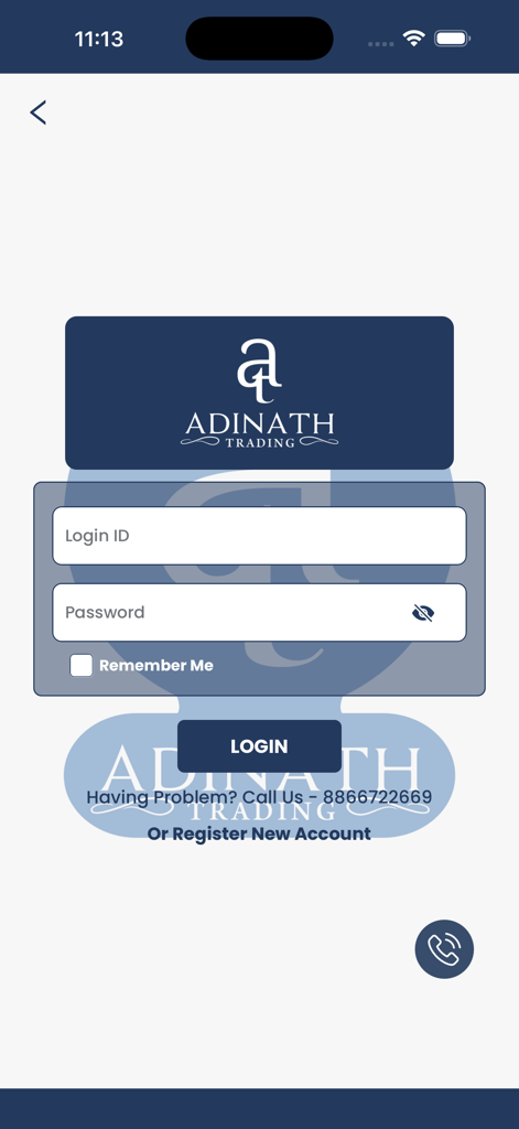Adinath Jewellers - Login screen for the Adinath Jewellers app