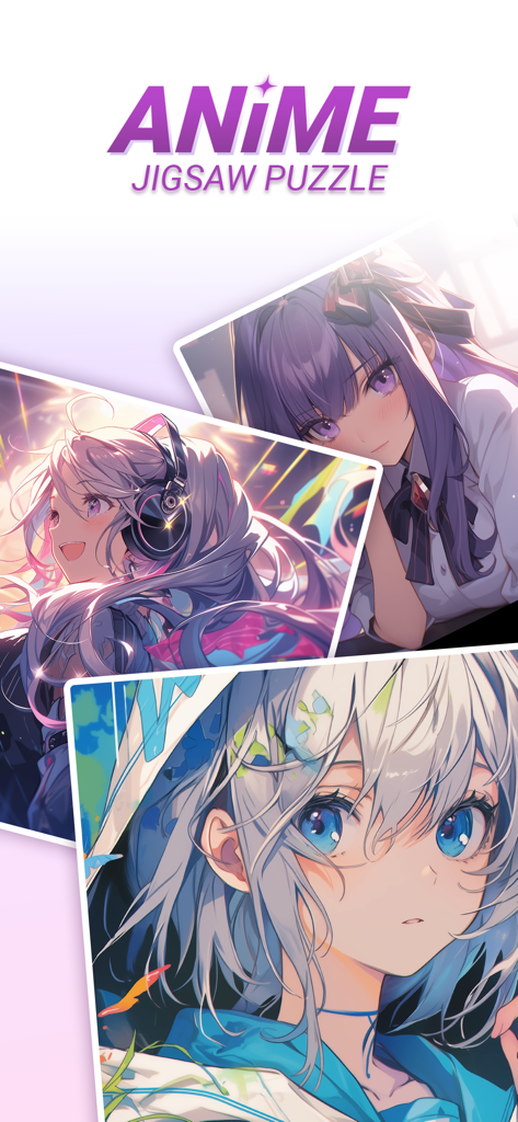 Anime Games: Jigsaw Puzzle - Anime Jigsaw Puzzle app interface featuring various aesthetic anime character illustrations