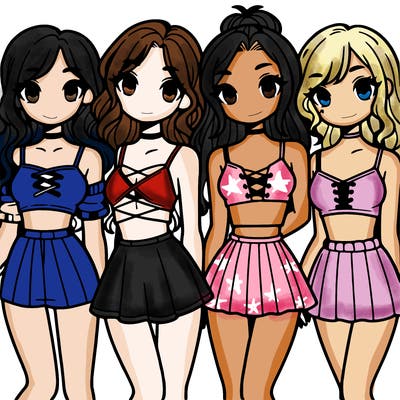 four girls with crop tops and skirts