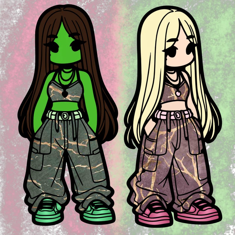 girl in baggy pants crop top and long hair