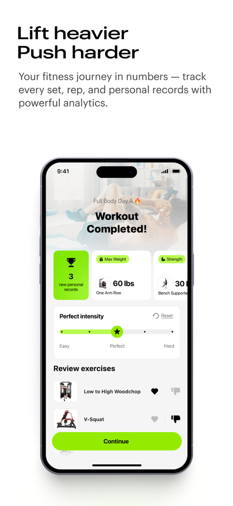 Fitify Gym app workout completed screen showing personal records and exercise analytics