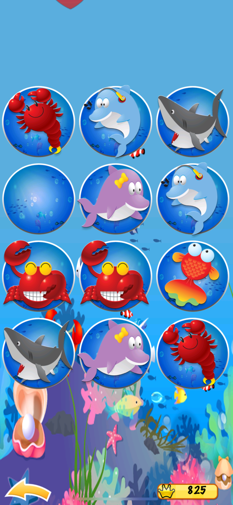 Penguin Pairs for Kids - A memory matching game screen from Penguin Pairs for Kids featuring various colorful sea animal icons