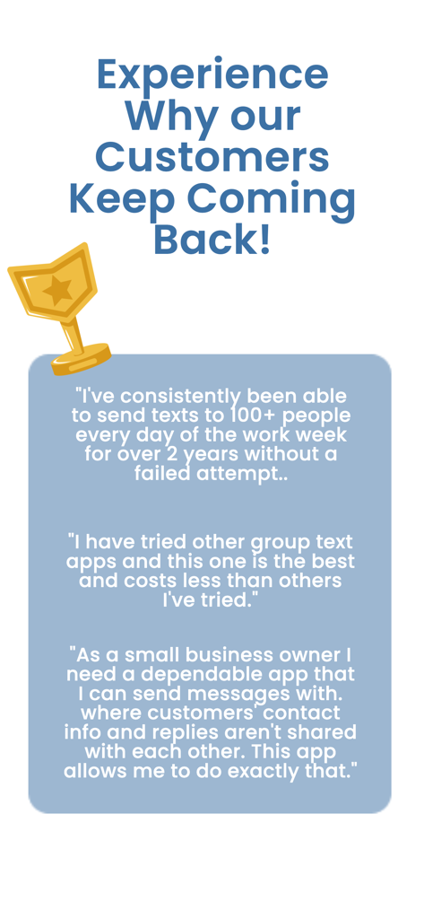 Group Text | Mass Message - Customer testimonials for Group Text mass messaging app highlighting reliability and privacy for small business owners