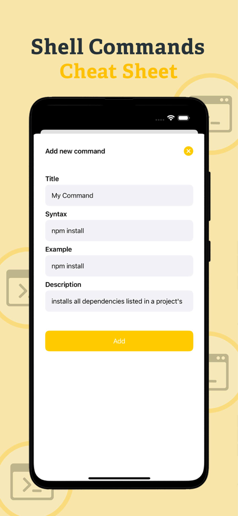 Interface d'application mobile montrant un formulaire pour ajouter une nouvelle commande shell avec des champs pour le titre, la syntaxe et la description