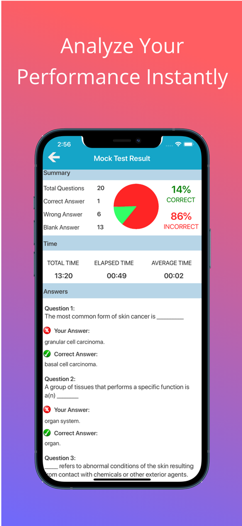 A mobile app screen showing mock test results with a summary pie chart and a detailed review of correct and incorrect answers for integumentary system questions.