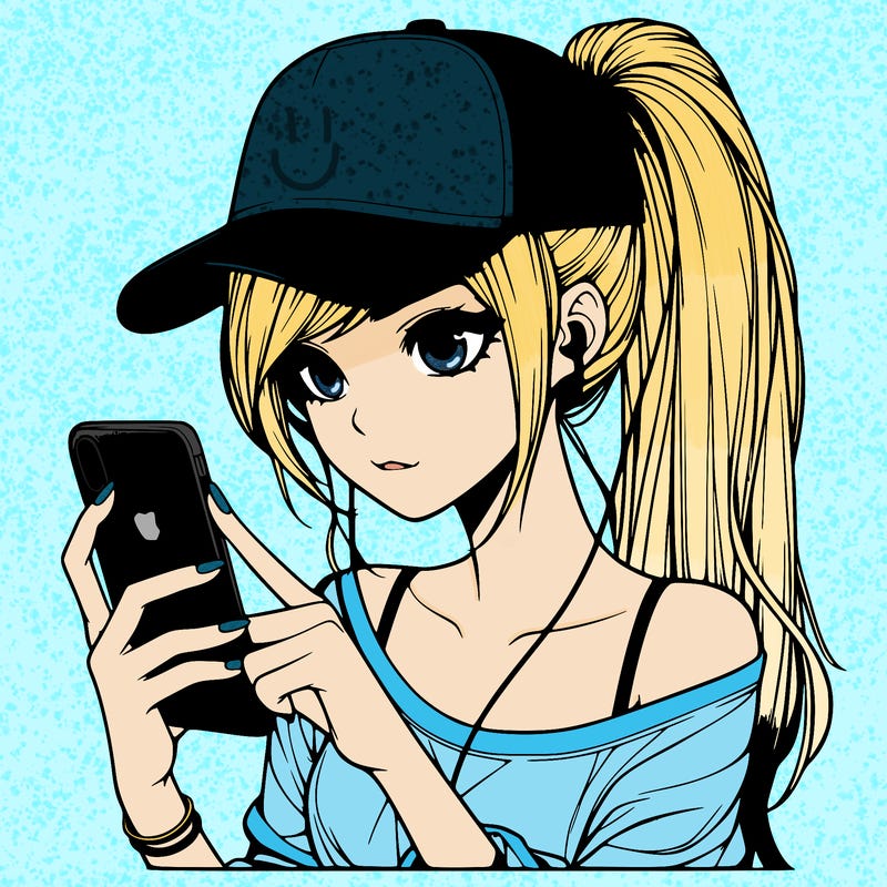 realistic girl with a long ponytail and trucker hat holding an iphone