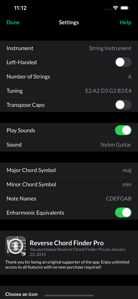 Reverse Chord Finder Pro - Settings screen for Reverse Chord Finder Pro showing instrument, tuning, and notation options.