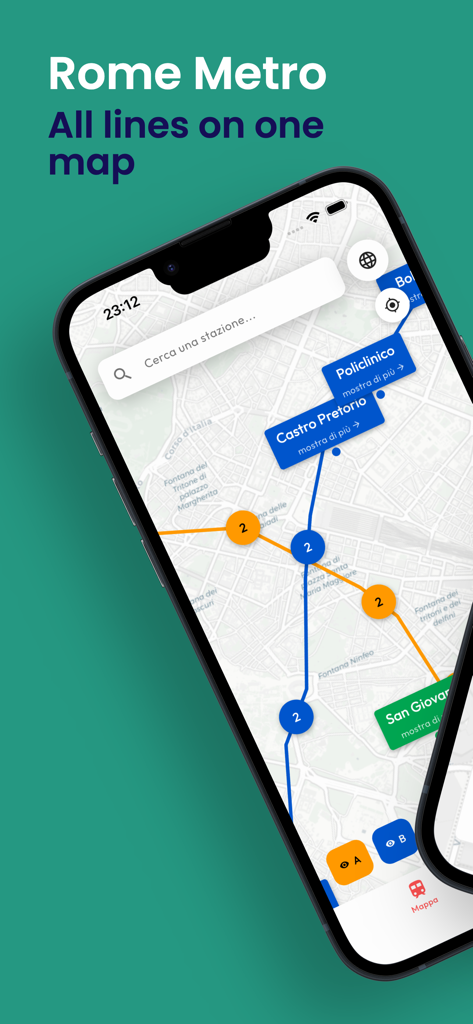 iPhone-Bildschirm, der das römische U-Bahn-System mit blauen und orangen Nahverkehrslinien auf einer Stadtkarte anzeigt
