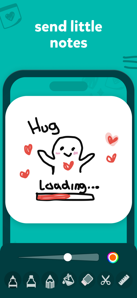 Noteit app drawing screen showing a cute hand-drawn character with a hug message and loading bar