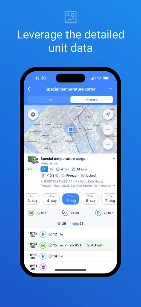 Wialon - Wialon-App-Oberfläche auf einem Smartphone, die eine detaillierte Historie der Ladeeinheit mit Kartenverfolgung und Temperaturüberwachung zeigt