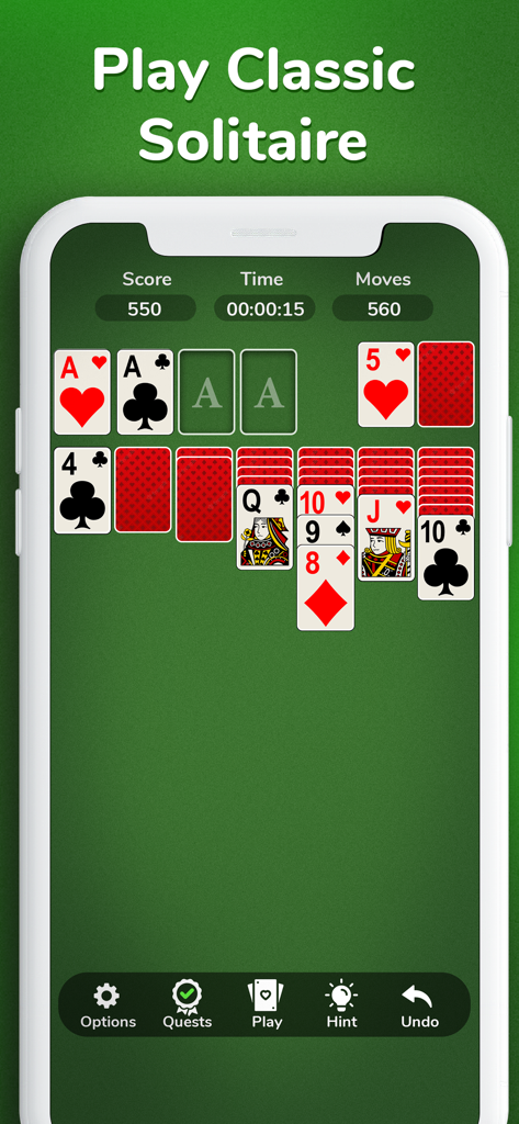 Solitaire - Classic Card 2026 - Classic solitaire game interface on a smartphone screen with a green felt background