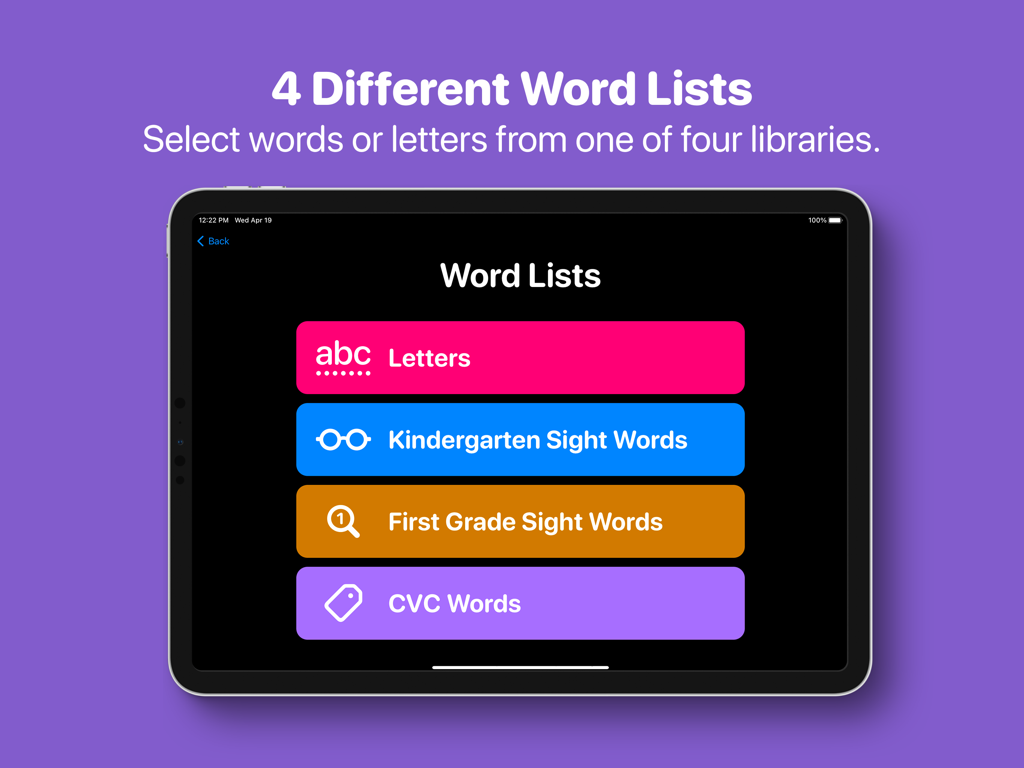 Bubbly - CVI Literacy - Pantalla de iPad que muestra cuatro listas coloridas de palabras de alto contraste, incluyendo Letras y Palabras de Uso Frecuente para alfabetización CVI