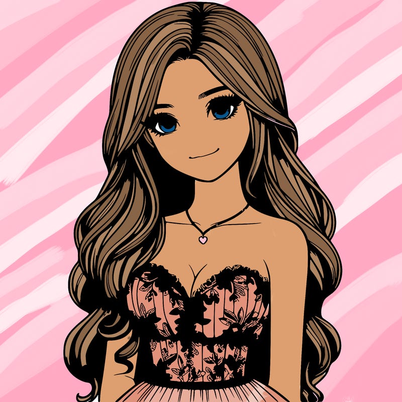realistic girl with long hair and pretty prom dress