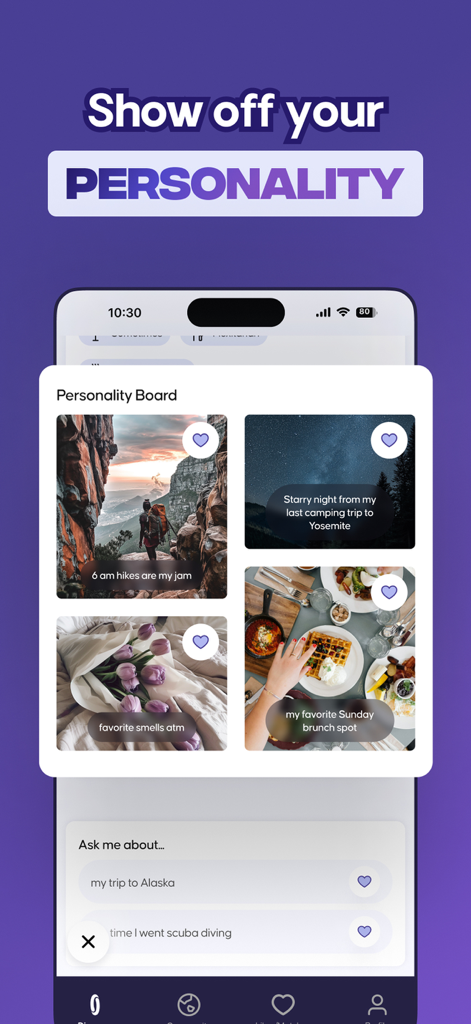 Hulah dating app screen showing a user personality board with lifestyle photos and text prompts for interests like hiking and brunch