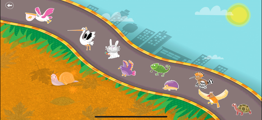 Baby Games: Ad-Free Learning - Colorati animali stilizzati su una strada in un gioco educativo per bambini