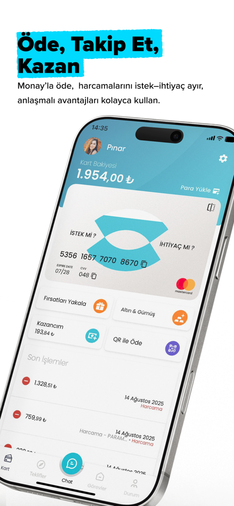 Monay mobile app dashboard displaying a digital payment card with want versus need tracking and transaction history