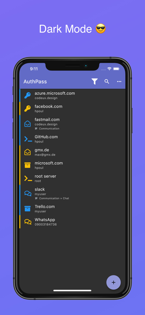 AuthPass – Password Manager - AuthPass password manager app interface displaying a list of accounts in dark mode