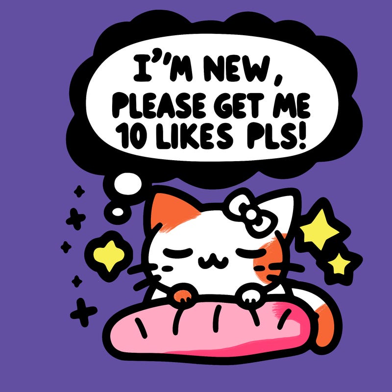 kitty taking a nap dream talking and saying "i'm new, please get me at least 10 likes pls!!"